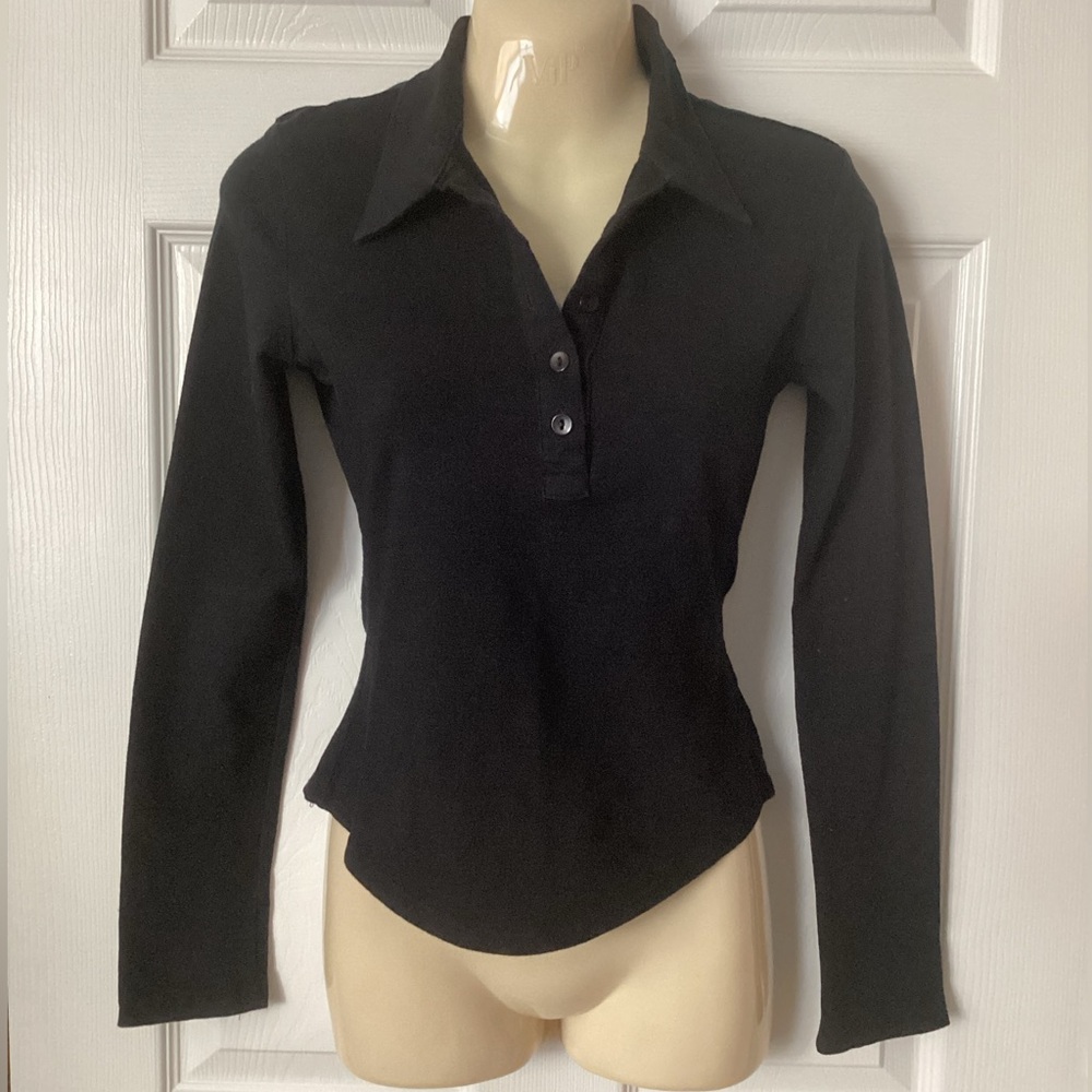 Vintage Y2K collared stretch shirt S black Anxiety Cafe v-neck long sleeve